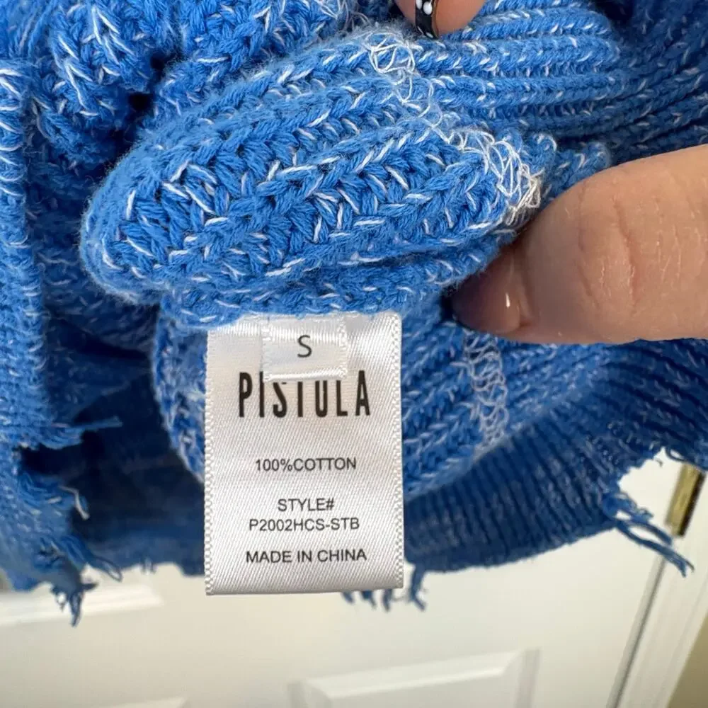 Pistola Blue Distressed Knitted Long Sleeved Sweater Chic Women's Size Small